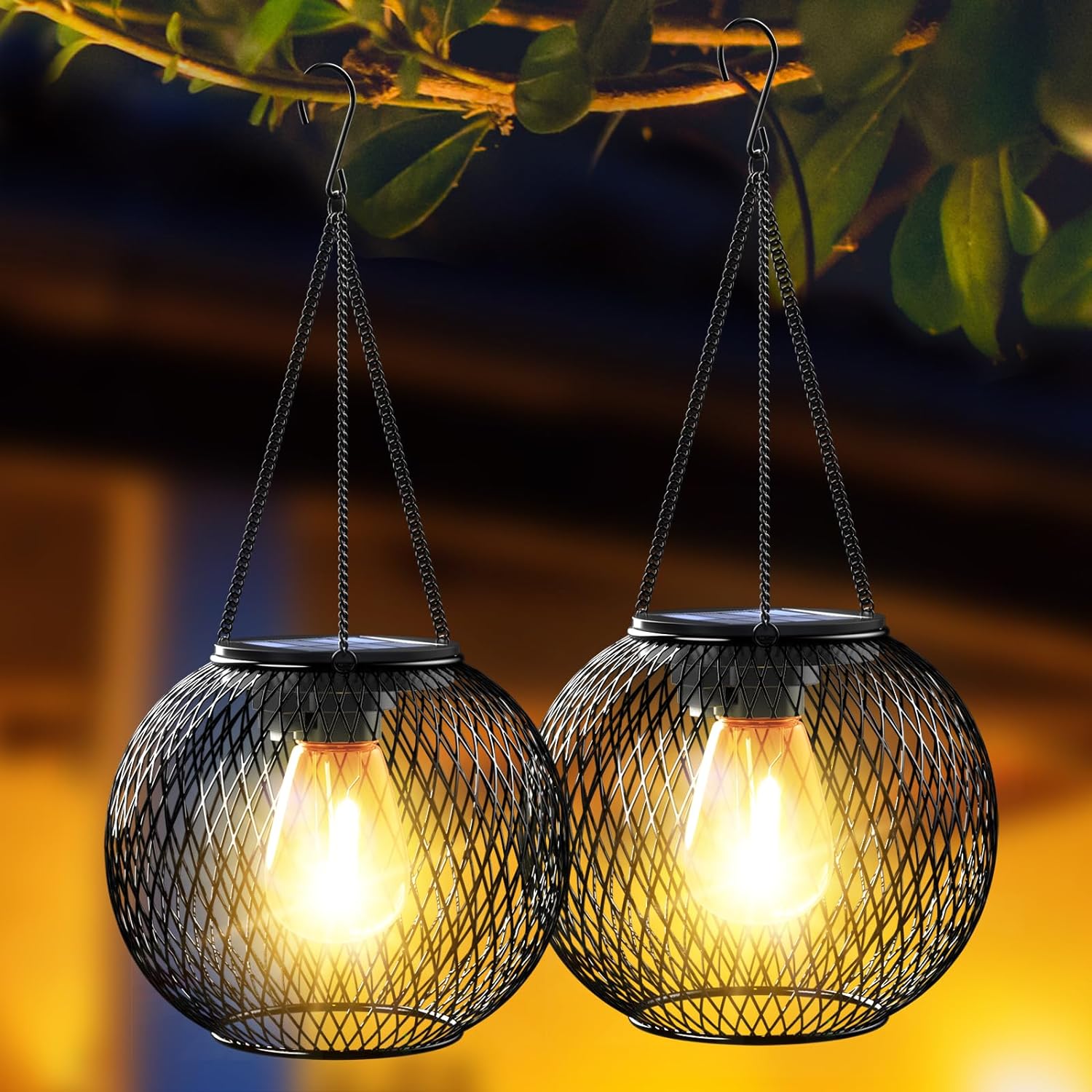 2-Pack Solar Hanging Lanterns, Metal, IP65 Waterproof, Warm White, Garden Ornaments for Patio, Lawn, Table, Fence