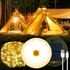 Stowable String Lights – 39ft/12m, 120 LED Solar Camping Lights, USB Rechargeable and Waterproof with Retractable Reel for Outdoor, Indoor, Home, RV, Garden, and Patio, Warm White