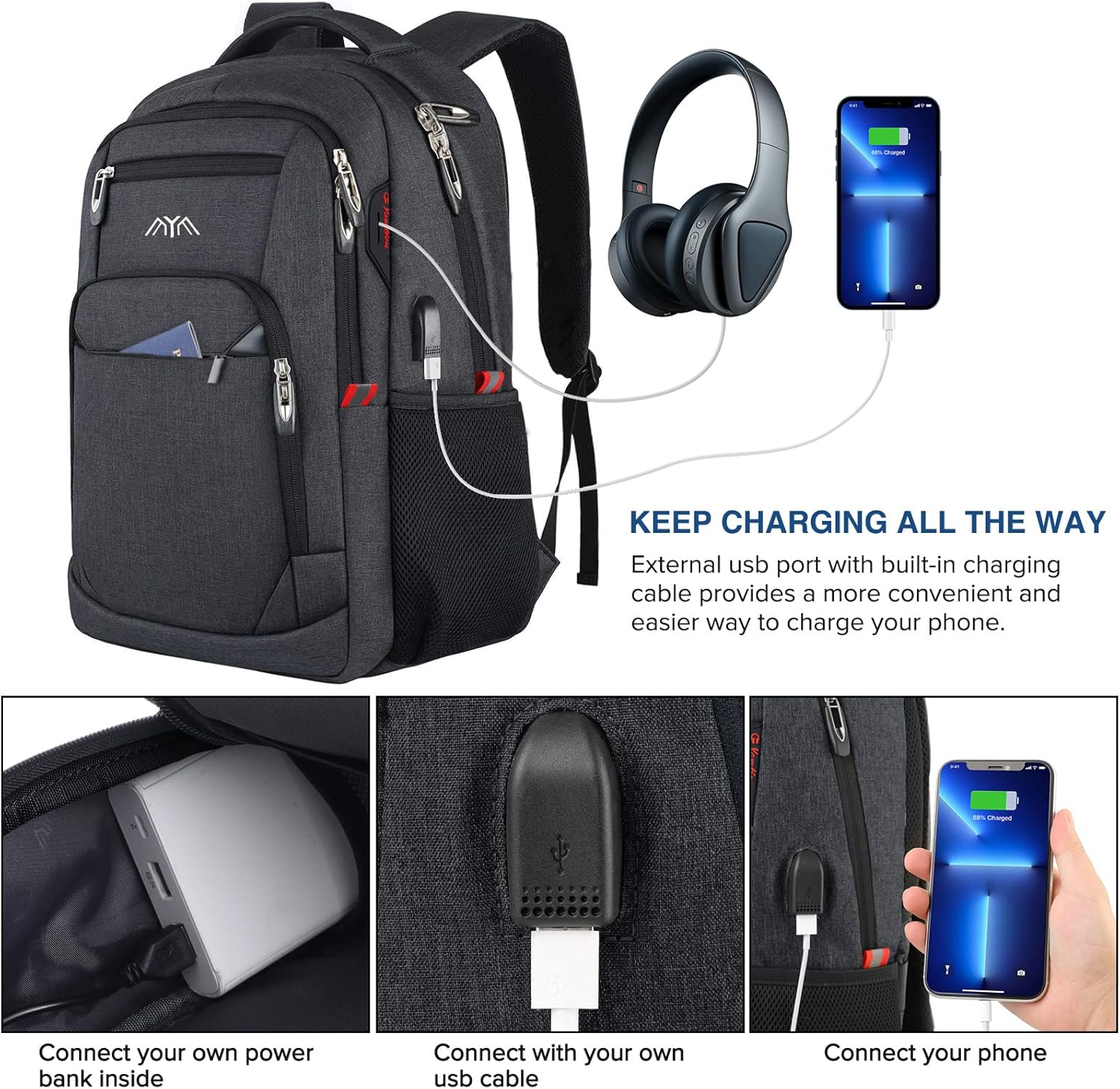 Waterproof Laptop Backpack 15.6" – 35L Work & School Bag with USB Port, Black