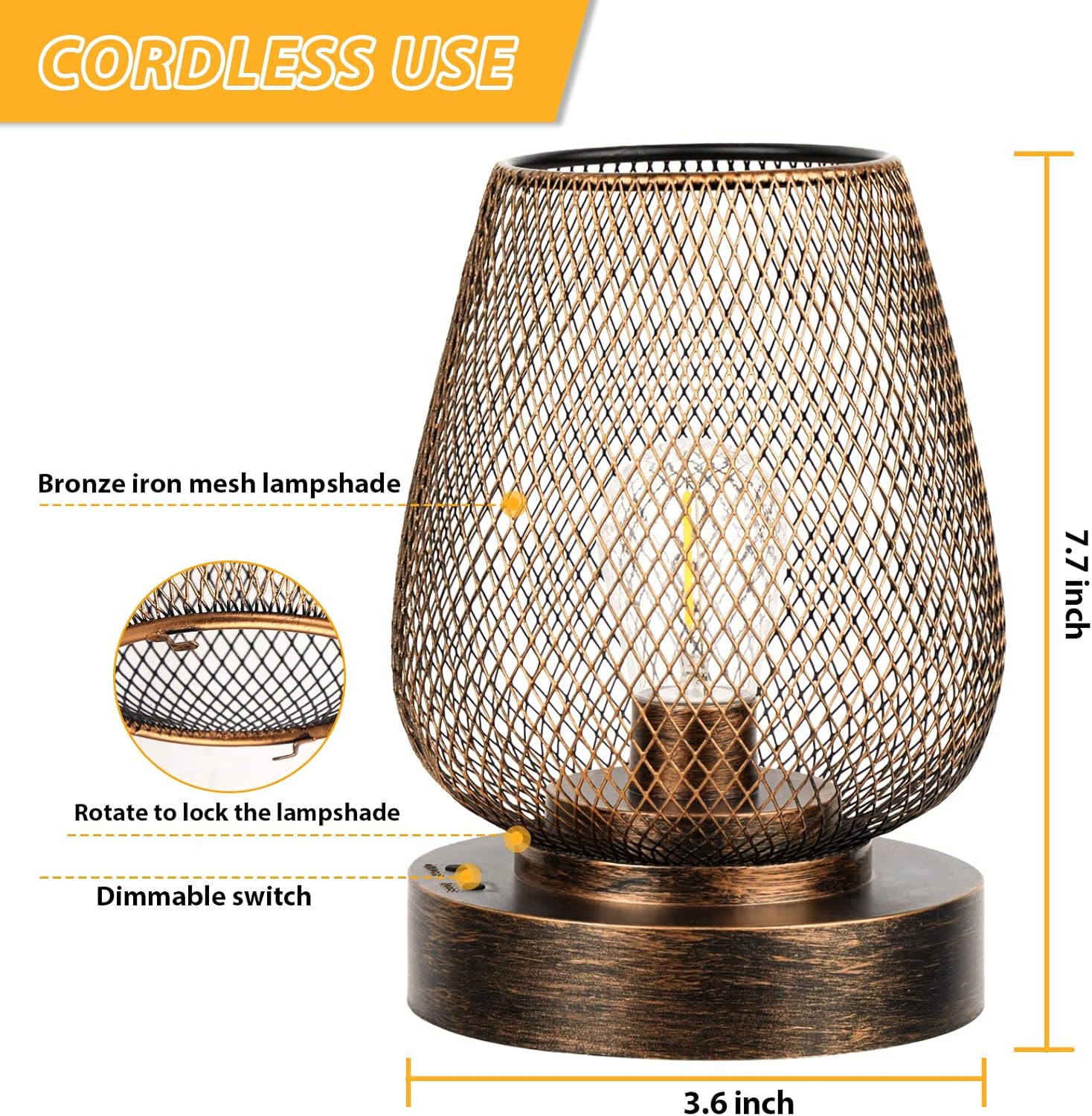 2 Pack Rechargeable Cordless Table Lamp Battery Operated Metal Bronze