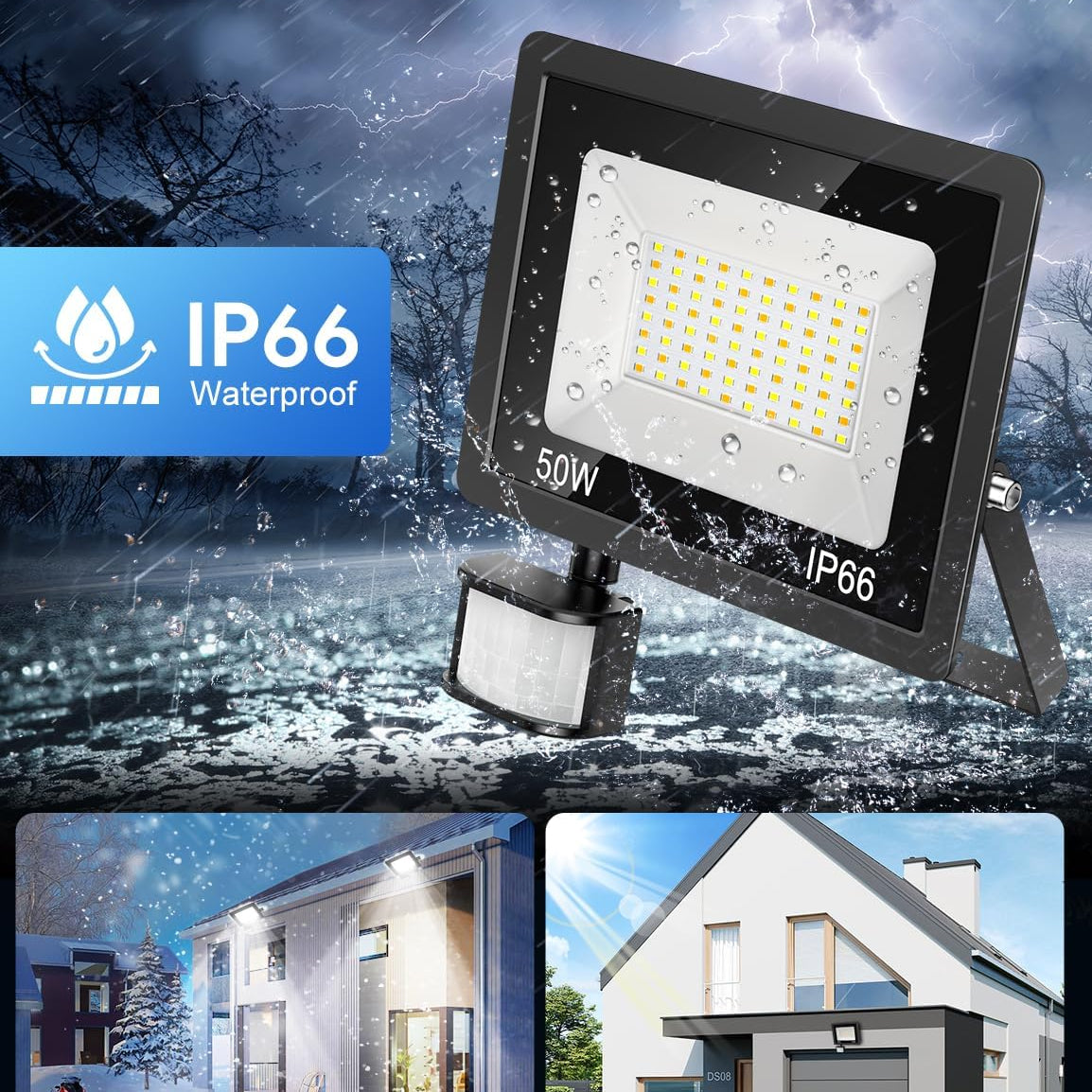 LED flood light with IP66 rating on a snowy background, showing outdoor use scenarios.