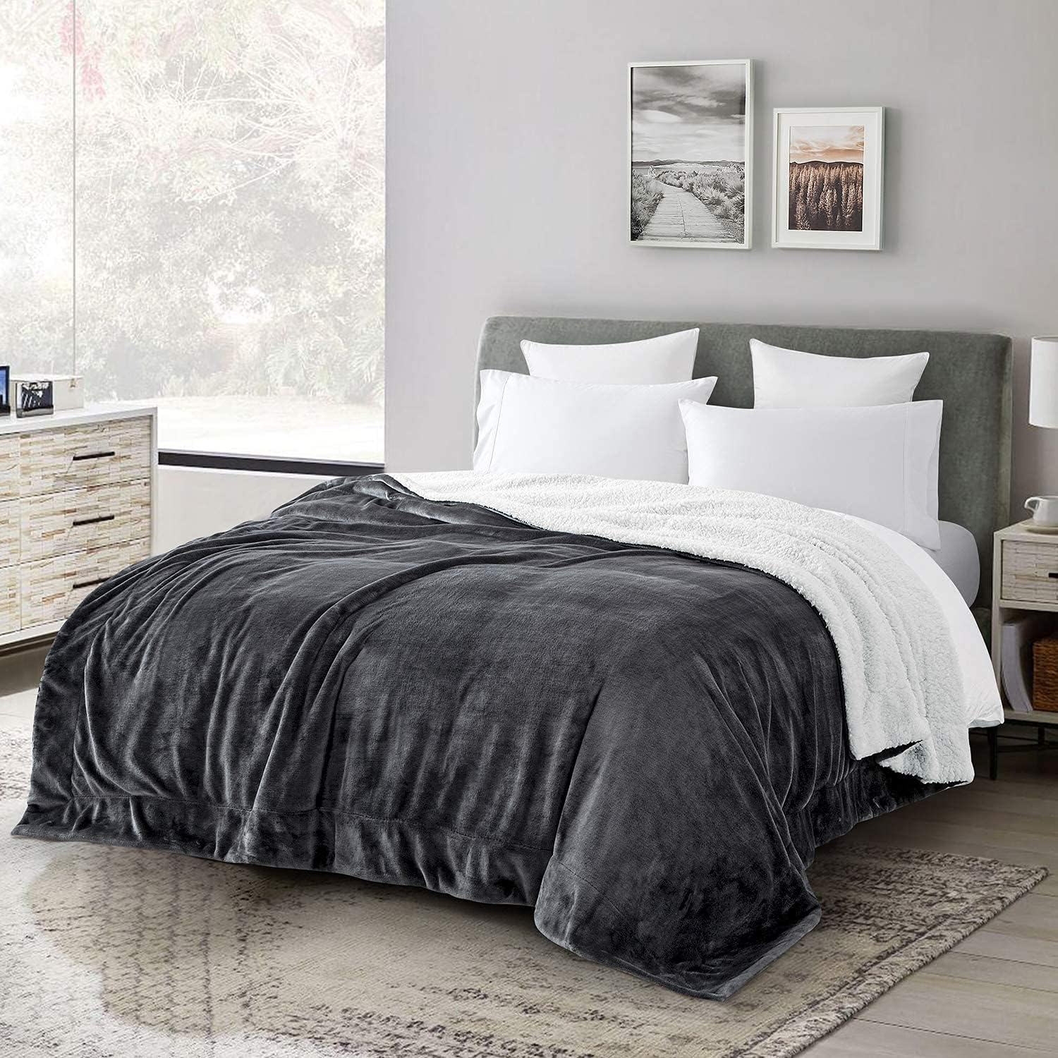 Aspire Homeware Sherpa Fleece Throw Blanket, Soft Fluffy Grey King Size 200x240cm