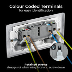 Double Switched 13A Brushed Steel Power Socket