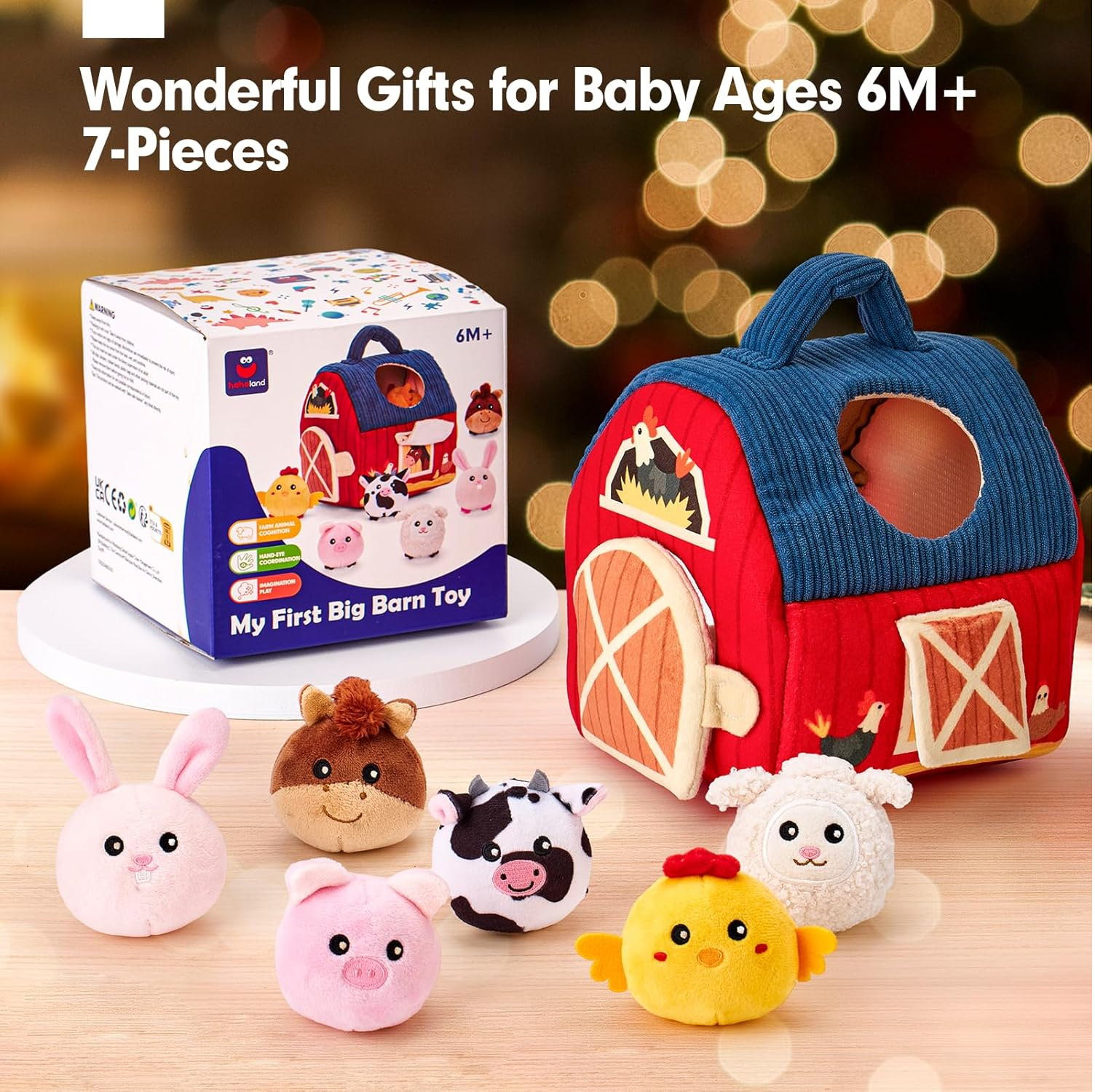 Hahaland Baby Toys 6–12 Months – Farm Animal Sensory Set with Barn, Rattle, Crinkle Paper & Mirror – Montessori Busy Toys for Infants & Toddlers 1–3 Years