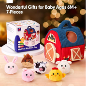 Hahaland Baby Toys 6–12 Months – Farm Animal Sensory Set with Barn, Rattle, Crinkle Paper & Mirror – Montessori Busy Toys for Infants & Toddlers 1–3 Years