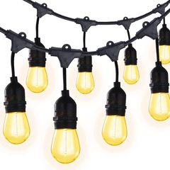 48FT Outdoor LED String Lights, S14 Festoon Lights with 15 E27 Sockets, IP65 Waterproof, 2700K Warm White for Garden, Patio, Party