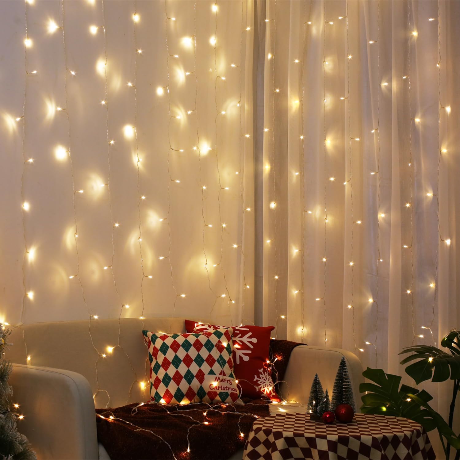 300 LED Curtain Lights – Warm White, 8 Modes