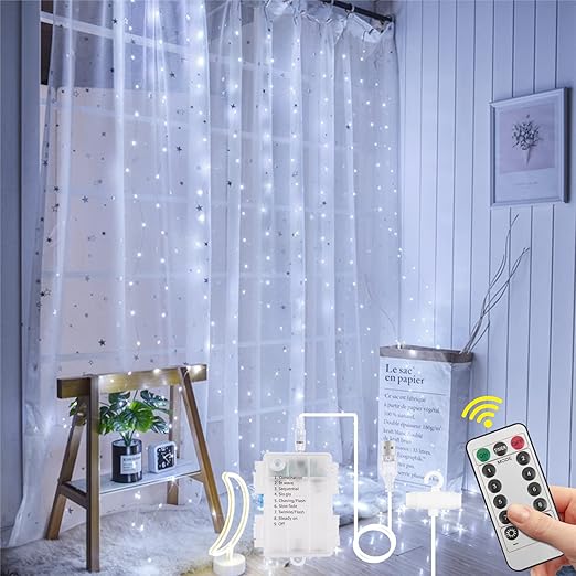 300 LED Cold White Curtain Fairy Lights with Remote