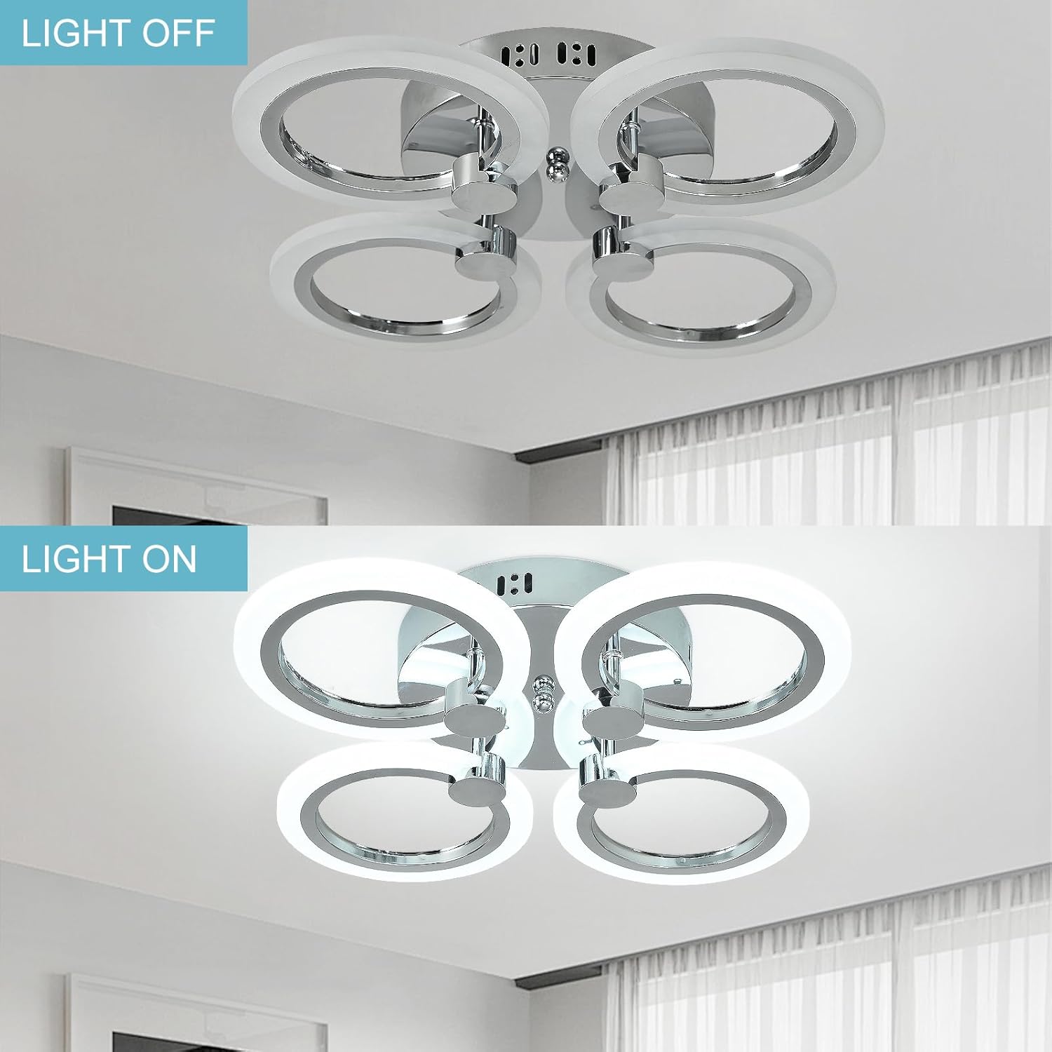 Modern 4-Ring LED Ceiling Light, Chrome, 6500K Daylight