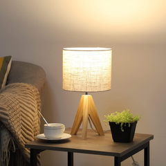 Set of 2 Wooden Bedside Table Lamps – Tripod Desk Lamps with Linen Shades, E27