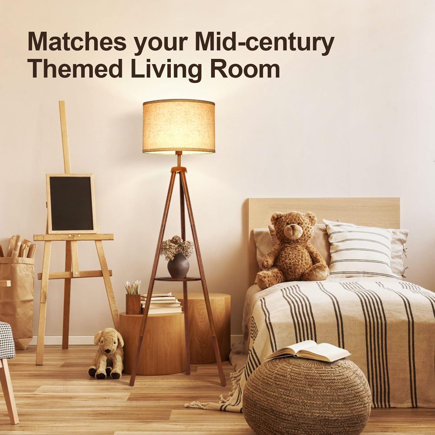 Solid Wood Tripod Floor Lamp with Remote & Shelf