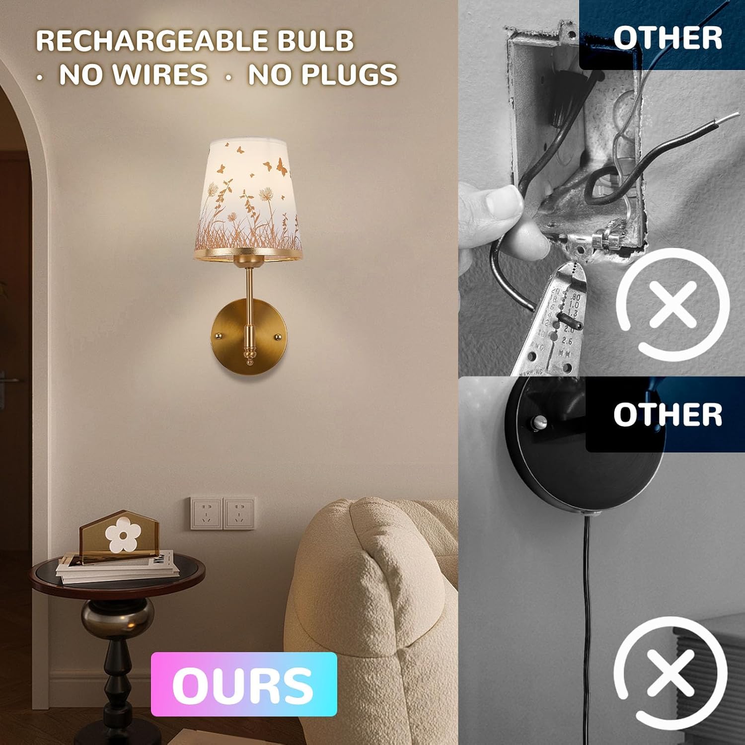 Gold Battery Wall Sconces Set – Floral Shade, RGB Light