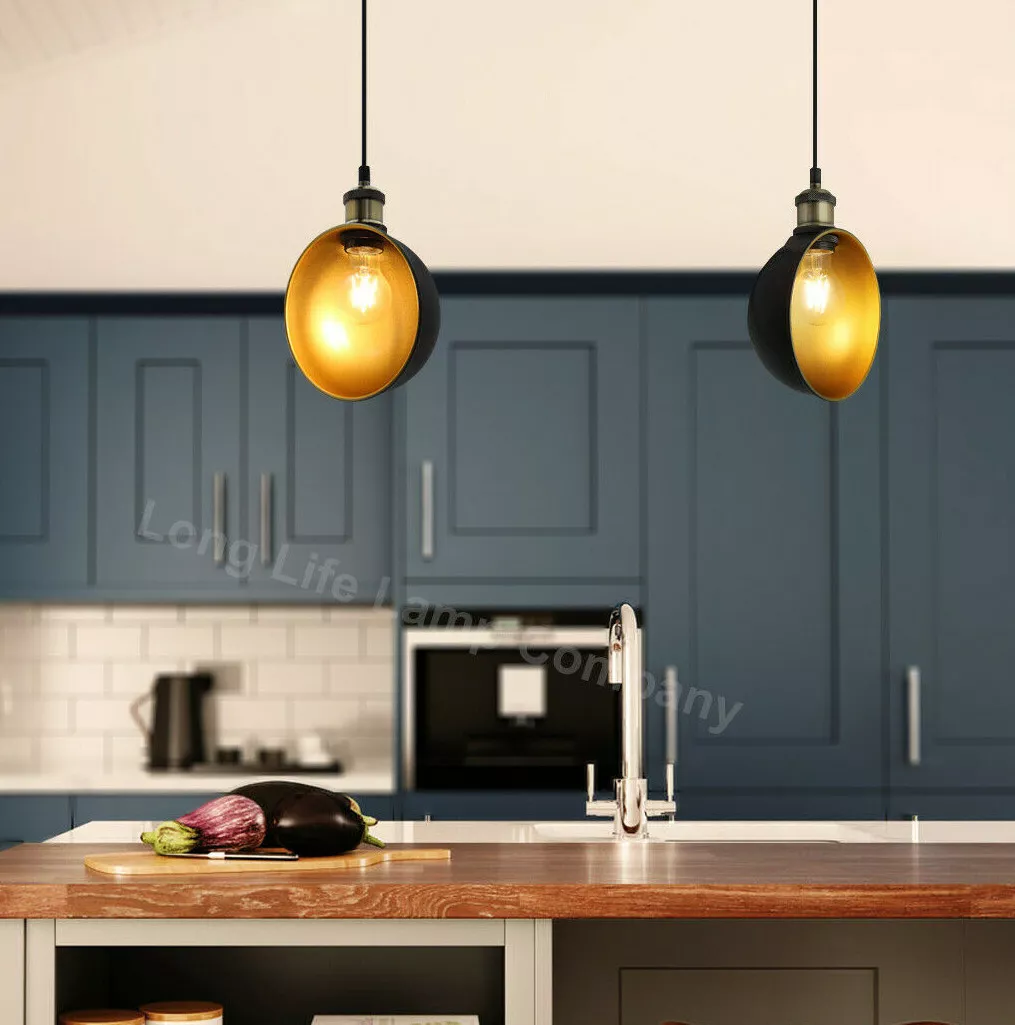 Vintage Antique Bowl Hanging Ceiling Pendant Shade – Black Gold Diner Light H3017