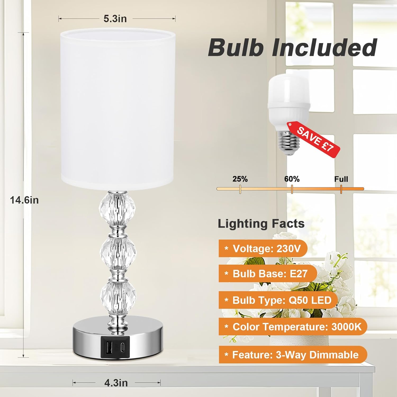 Crystal Touch Bedside Lamp with USB-C & Dimmable Light