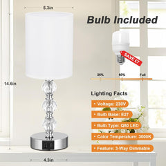 Crystal Touch Bedside Lamp with USB-C & Dimmable Light