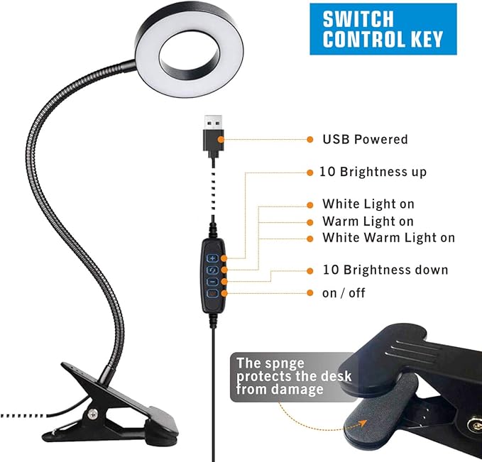 KNAMKY USB Clip-On Desk Lamp with Flexible Neck