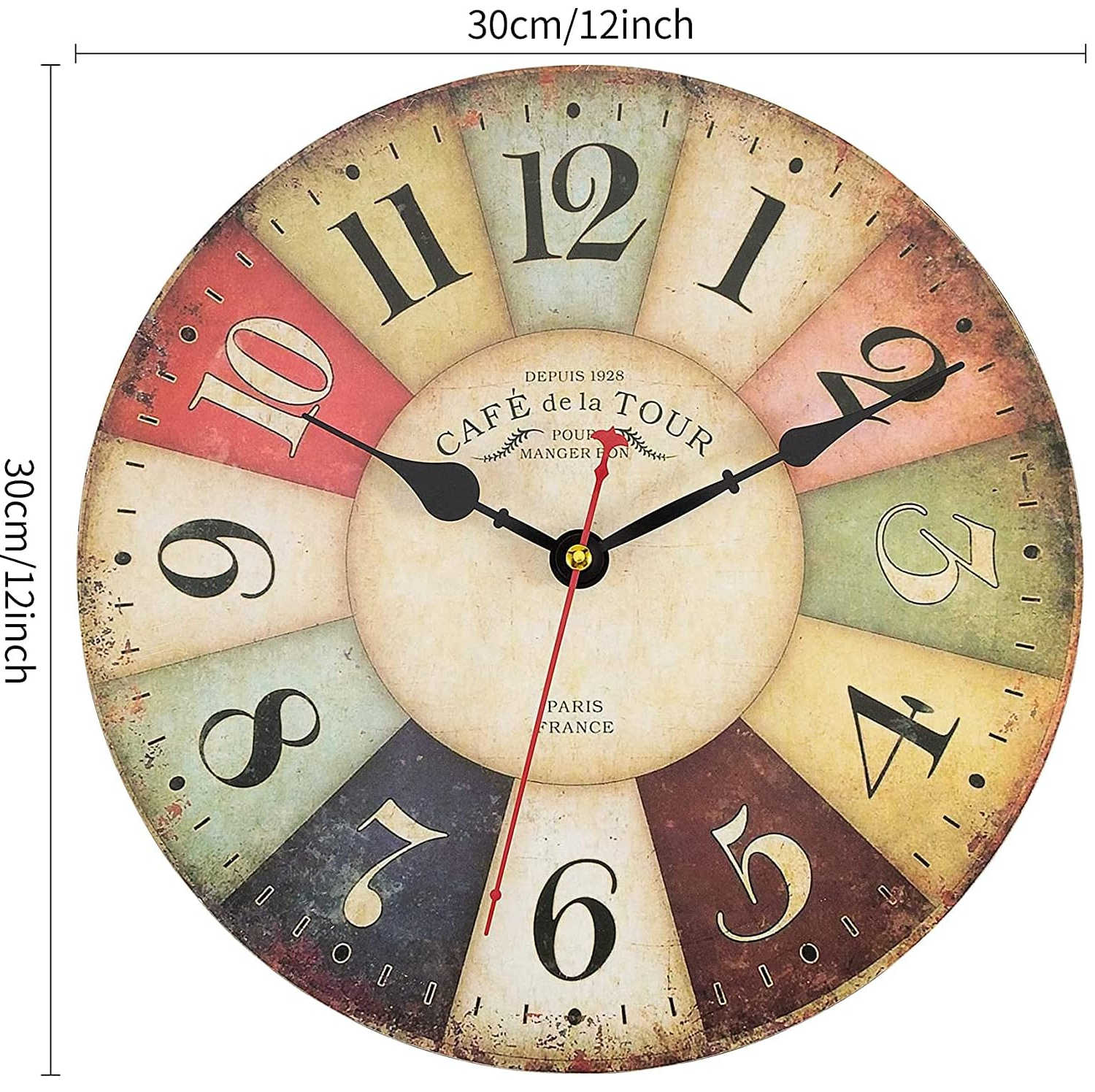 Vintage 30cm French Country Wooden Wall Clock, Silent Non-Ticking Rustic Design