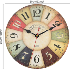 Vintage 30cm French Country Wooden Wall Clock, Silent Non-Ticking Rustic Design