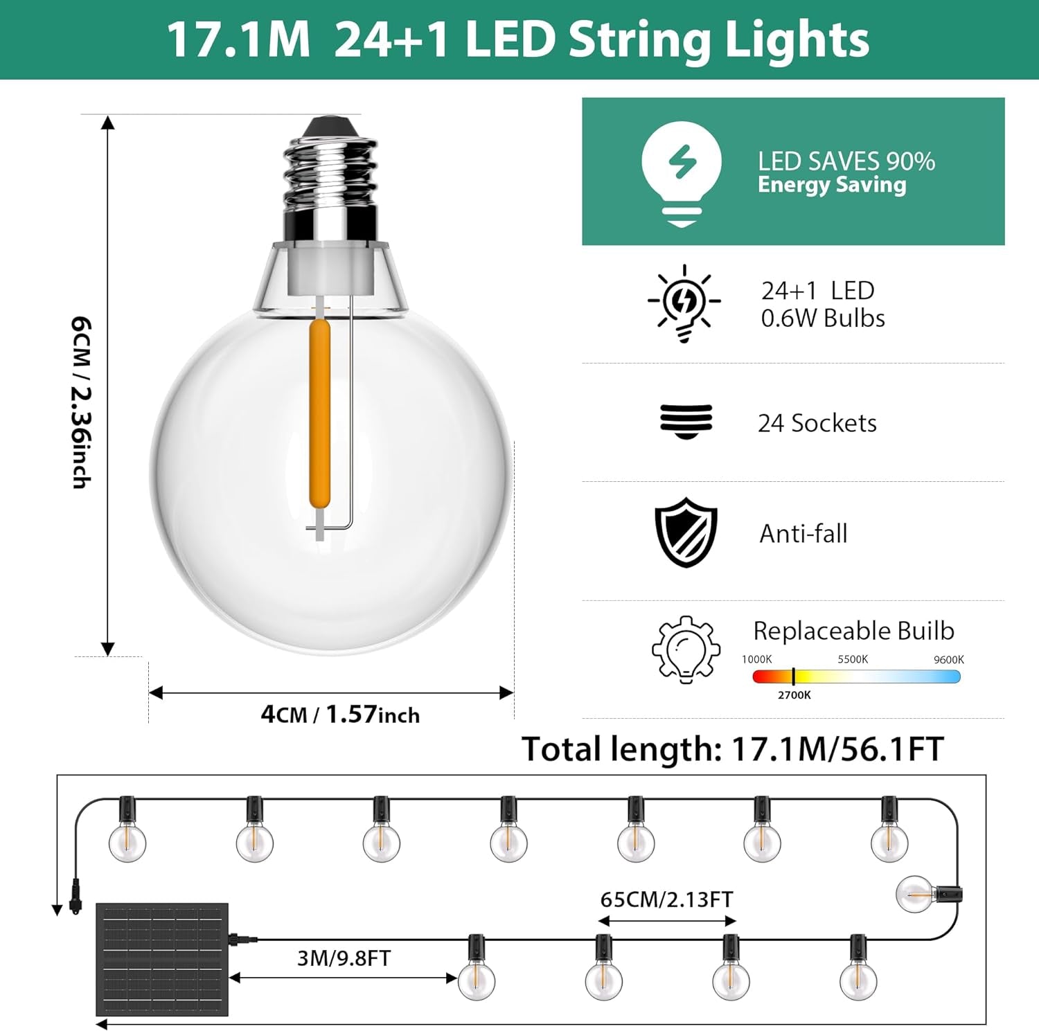 56FT Solar Garden Festoon Lights with Remote
