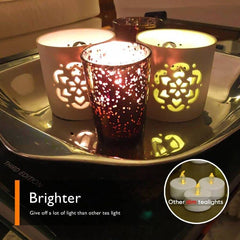 Realistic and Bright Flickering Flameless LED Tea Light Battery Operated Pack of 12, Electric Fake Candle in Warm White & Wave Open