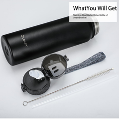 1L Stainless Steel Insulated Water Bottle – Black Leakproof Flask with Straw Lid