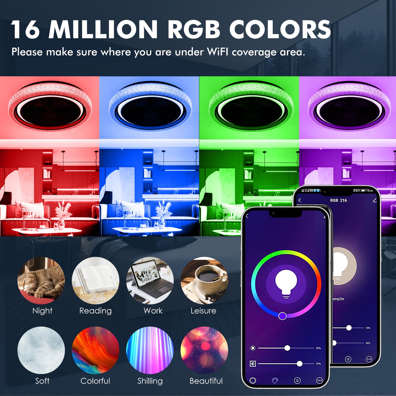 Smart RGB LED Ceiling Fan with Bluetooth Speaker & Remote Control – Modern Starry Sky Design