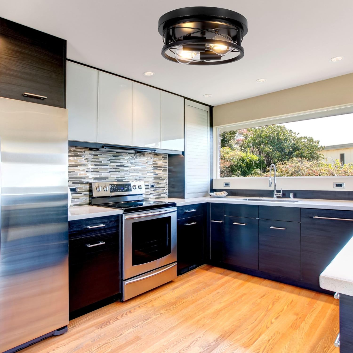 Industrial Round Black Ceiling Light with Dual E27 Fittings