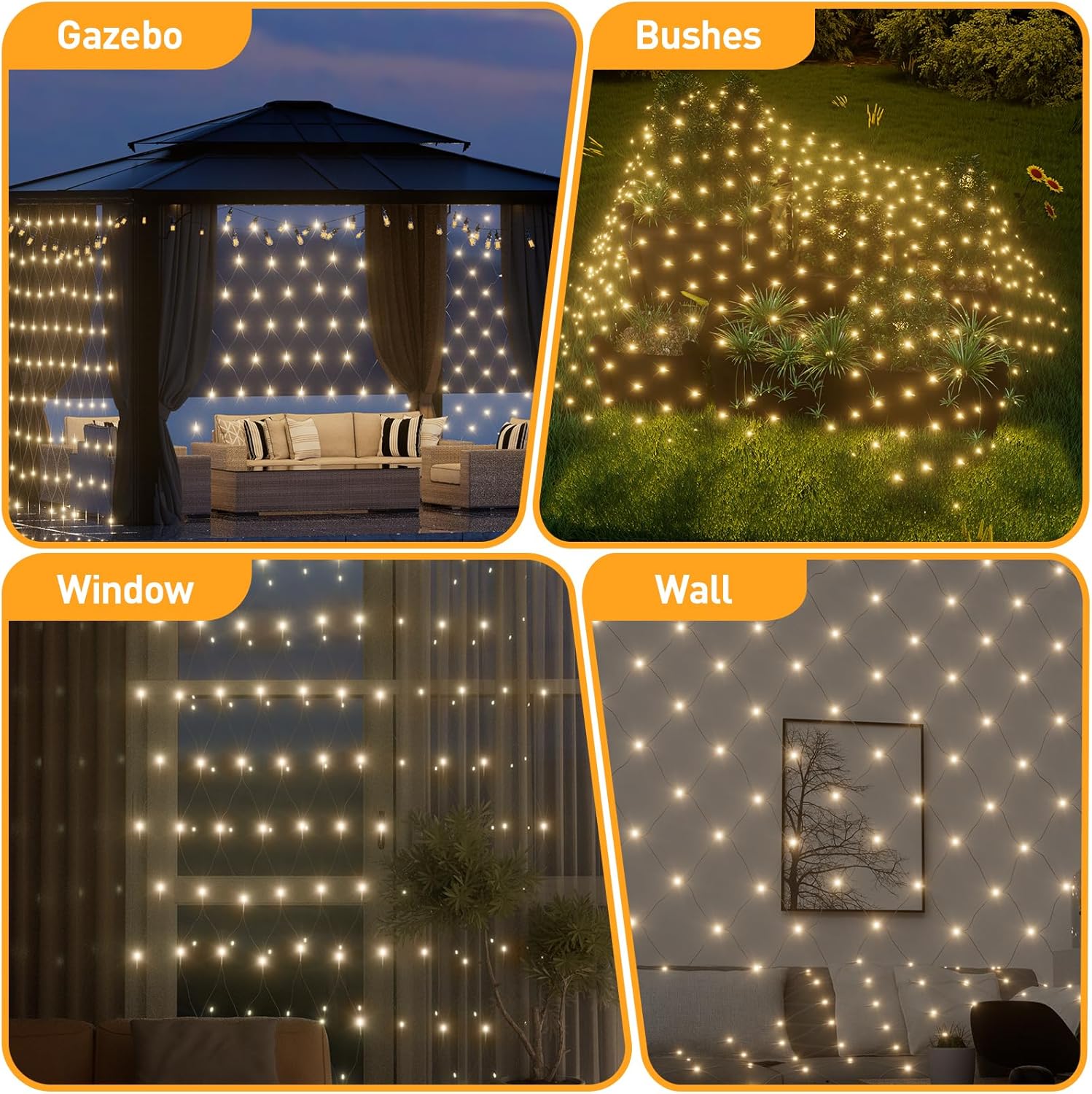 LED Net Fairy Lights – 270 Warm White, 8 Modes