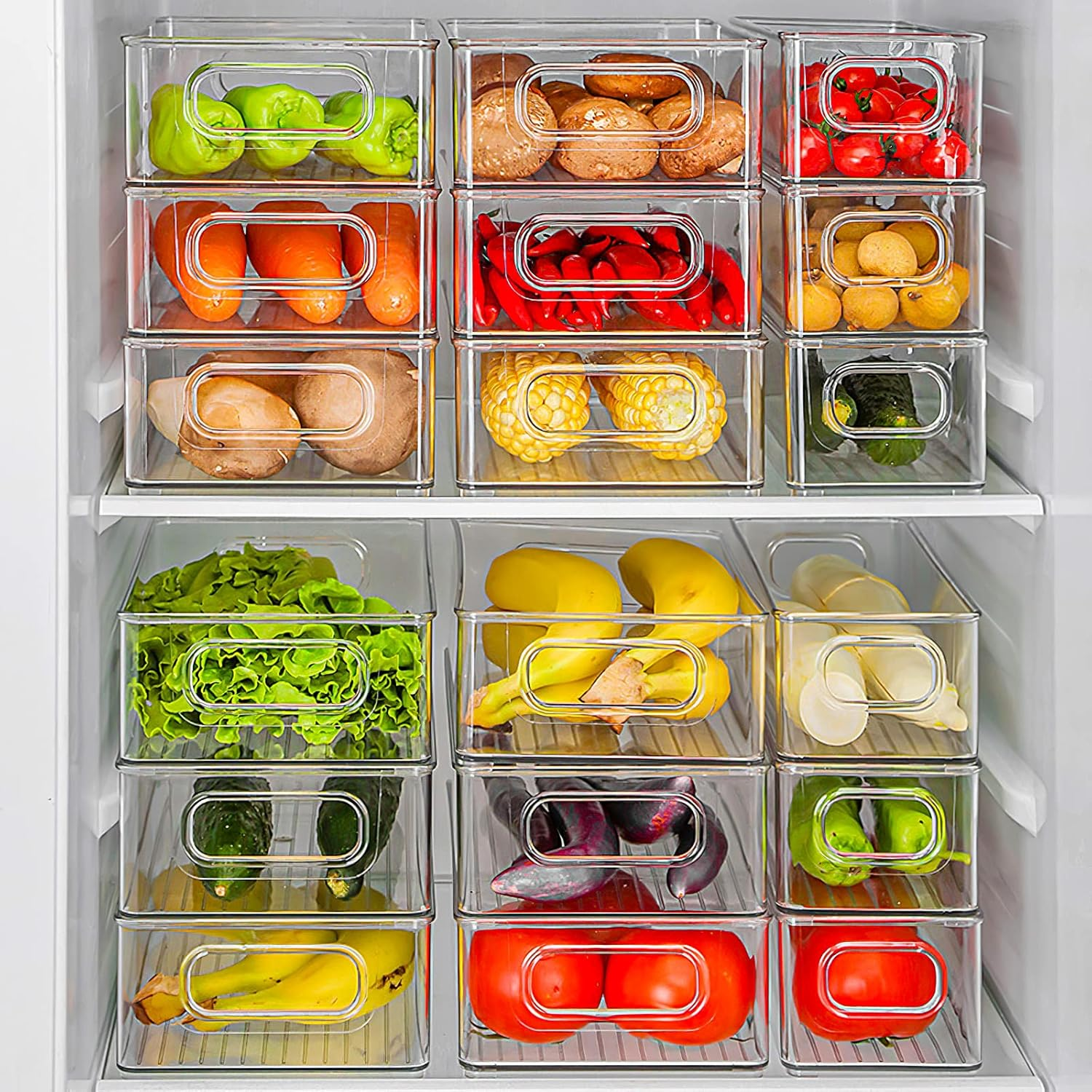 Stackable Fridge Organiser Set of 6 – Clear Plastic Kitchen Storage Boxes for Pantry & Cabinets