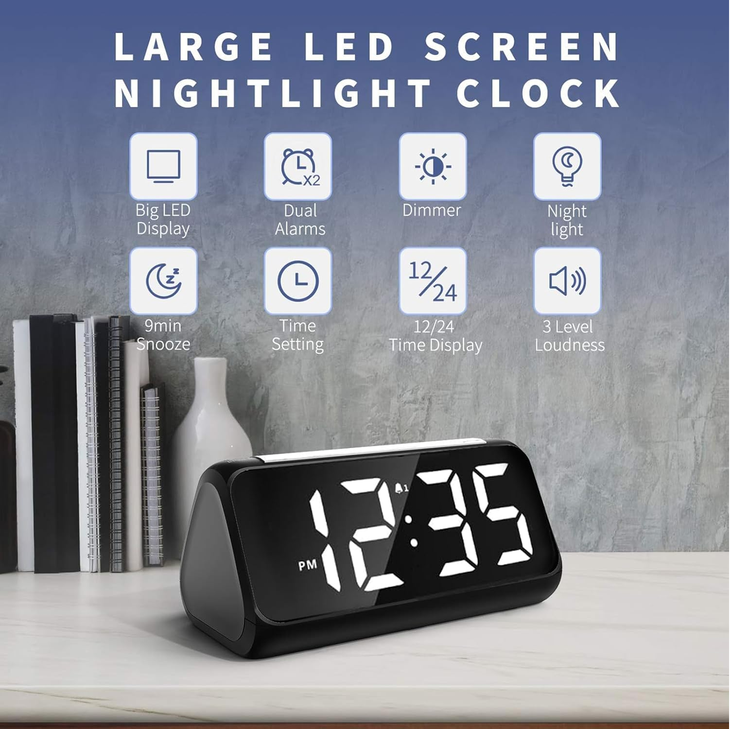 Large LED Digital Alarm Clock with Night Light, USB Charger & Dual Alarms