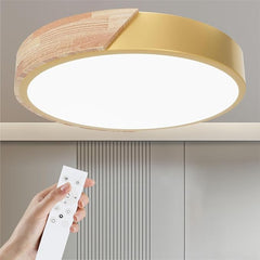 Wooden LED Ceiling Light, Dimmable Modern Fixture with Remote