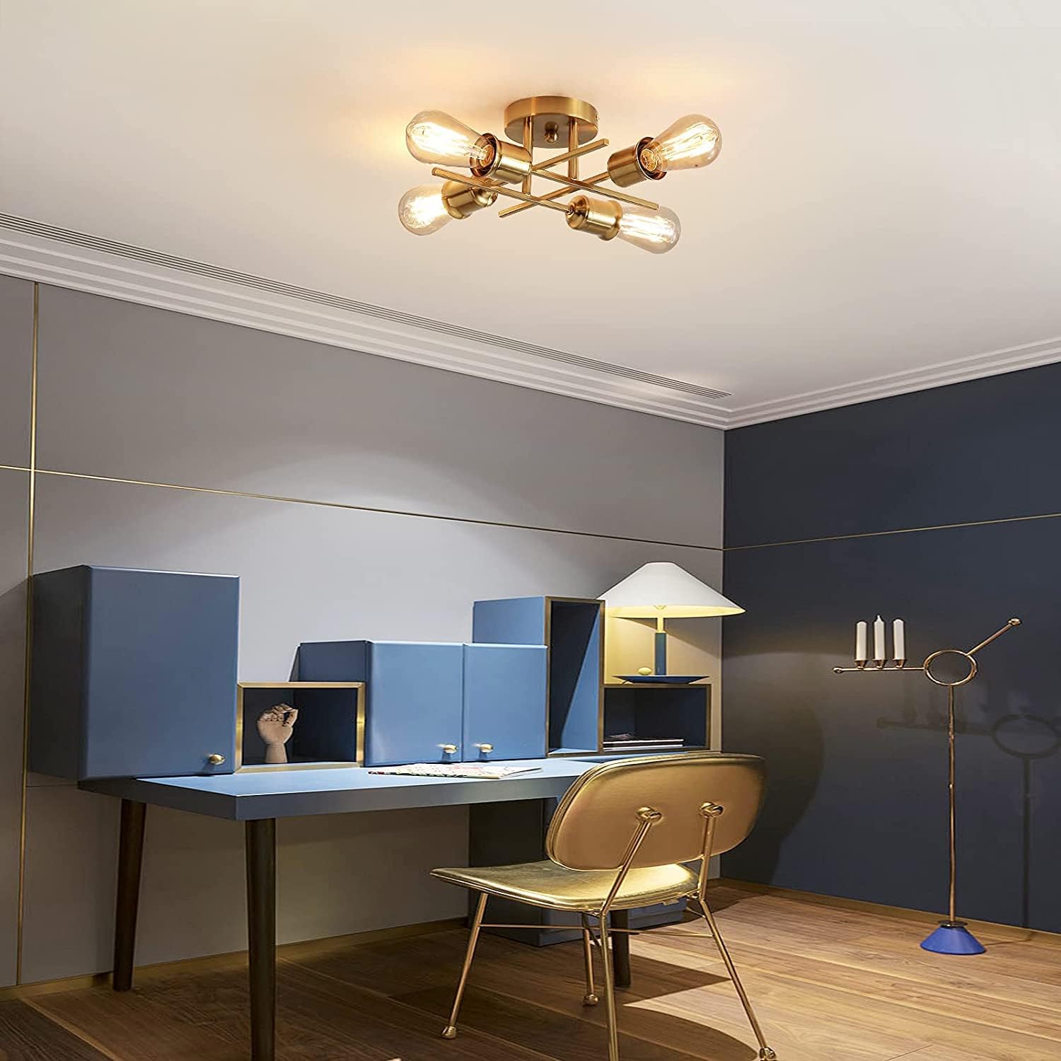 Gold 4-Light Semi Flush Ceiling Light, E27 Base