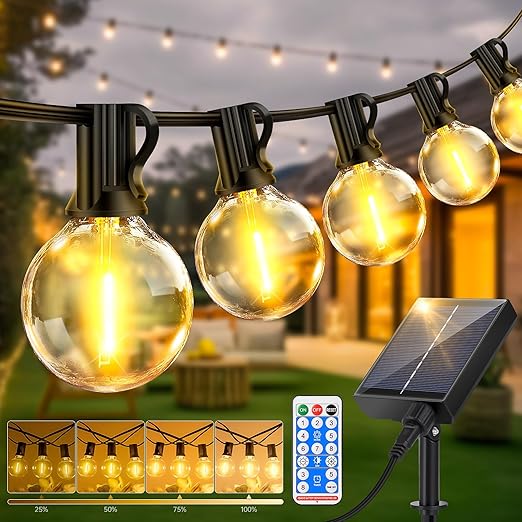 Dimmable Solar Outdoor String Lights – 100FT G40 Festoon Lights with Remote & Timer
