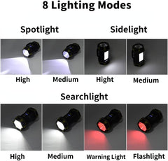 8 different lighting modes of a flashlight with labels on a white background.