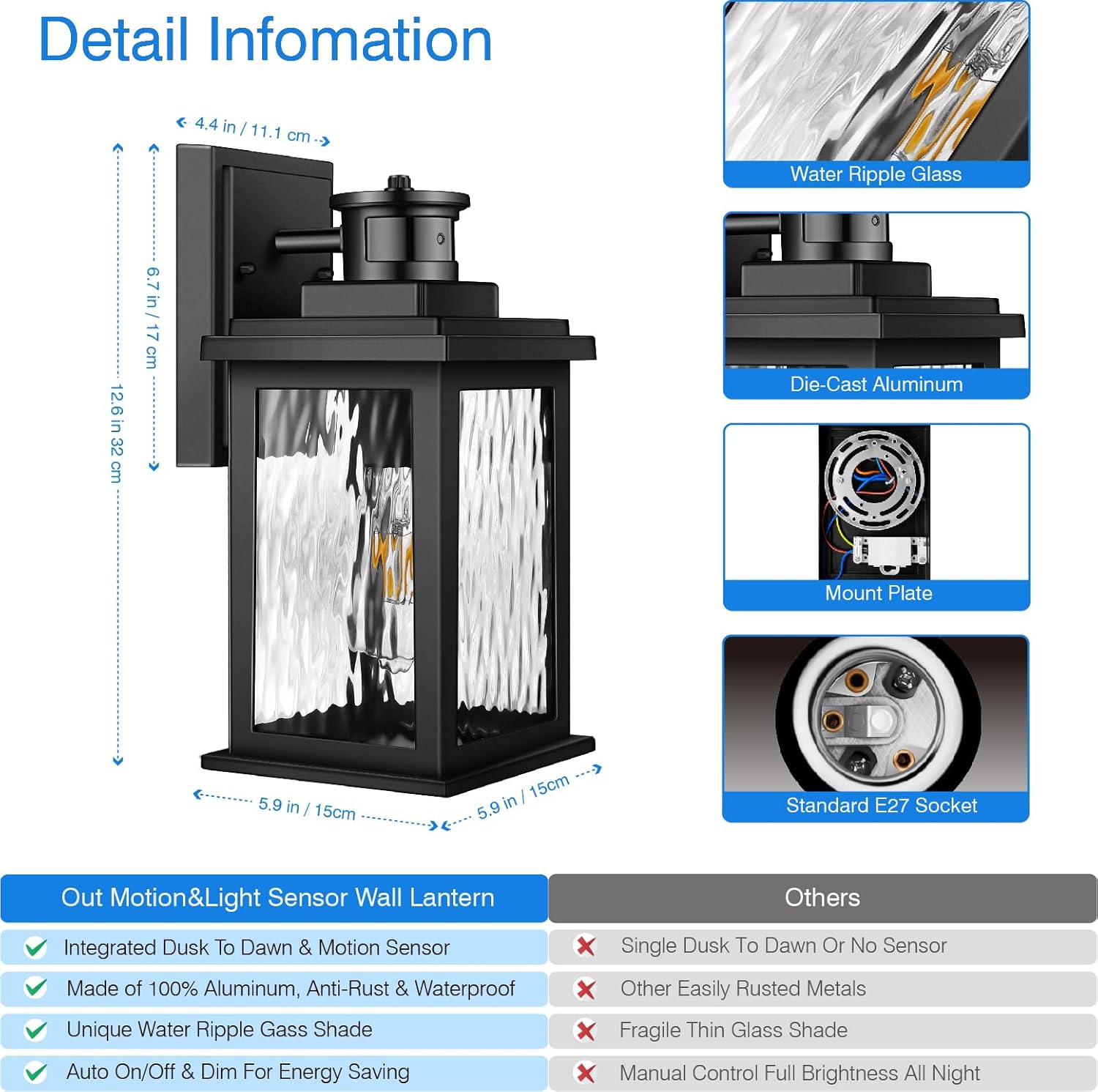Porch Light Outdoor with Motion Sensor, Dusk-to-Dawn Black