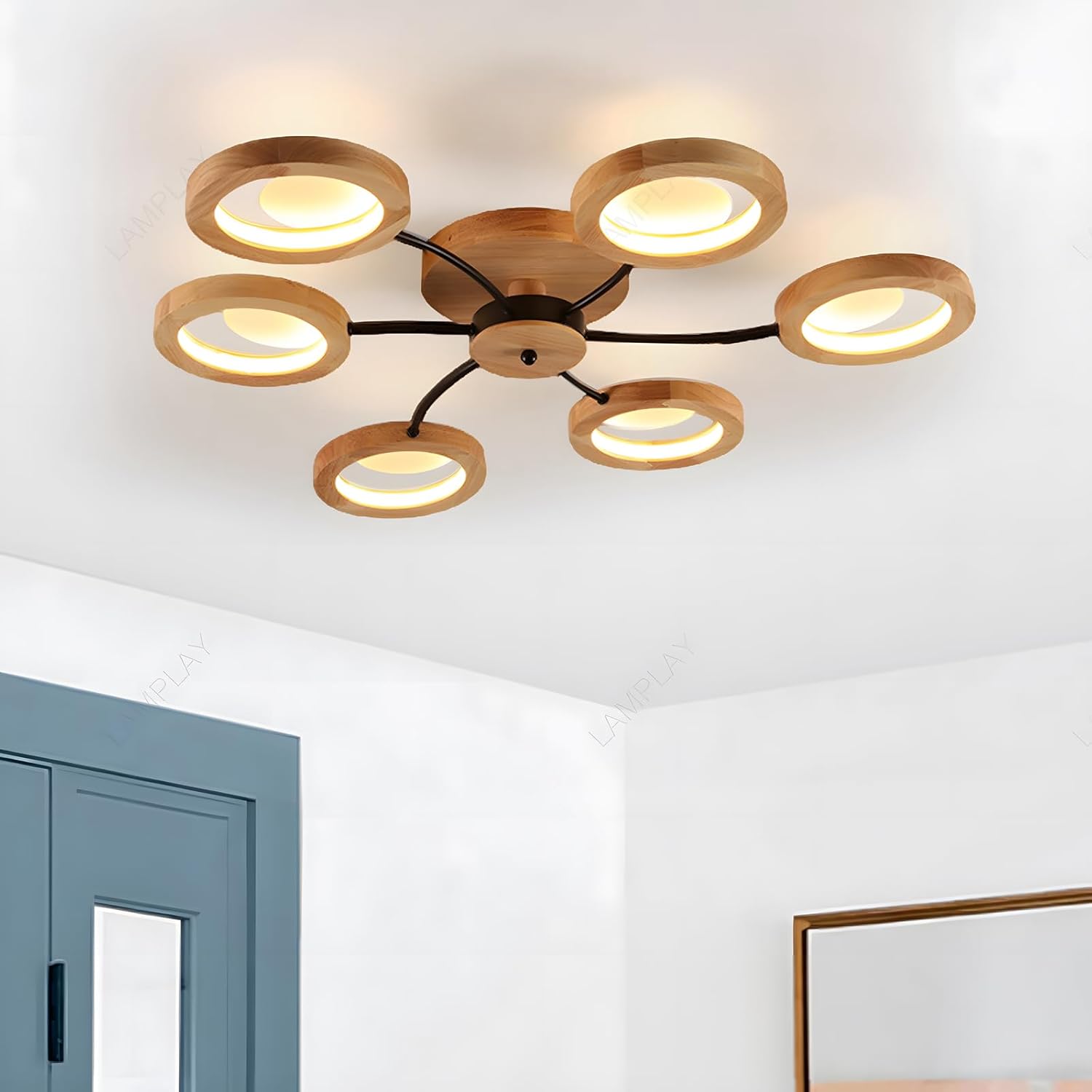 94cm LED Wooden Ceiling Light – Dimmable with Remote, Flower Design