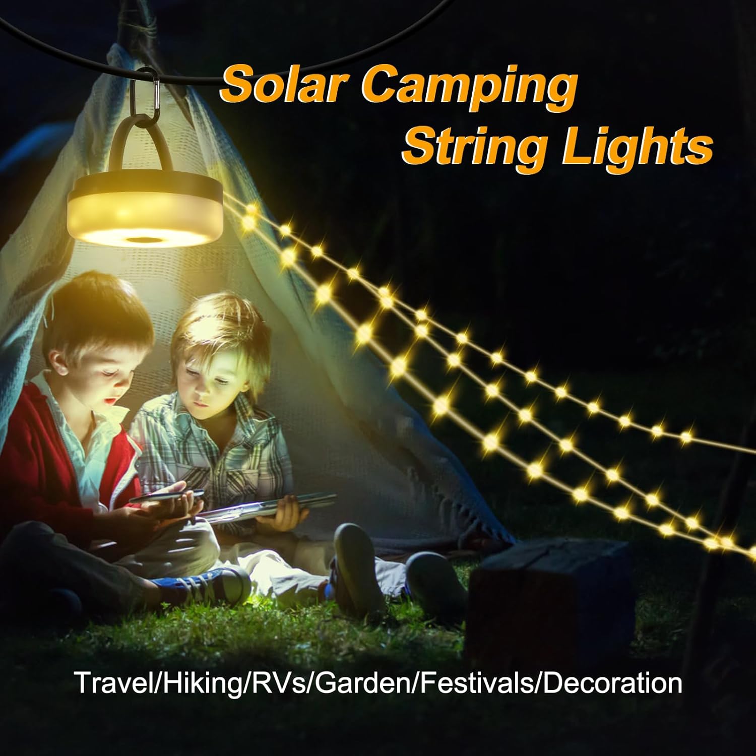 Solar Camping String Lights, 42Ft, 160 LED, USB Rechargeable
