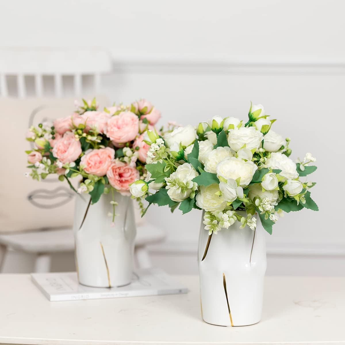 Floweroyal 4 Bunches Artificial White Peony Flowers – Silk Bouquets for Home & Wedding Décor
