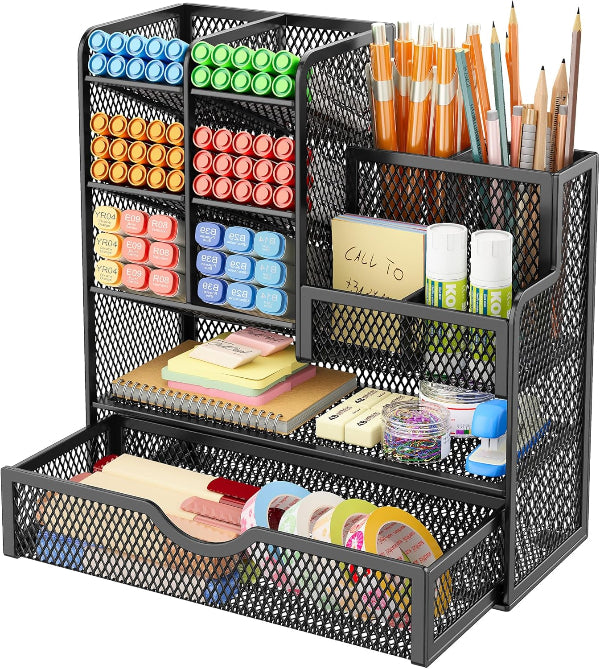 5-Tier Mesh Desk Organizer with Drawers – Metal Office & Makeup Storage, Black