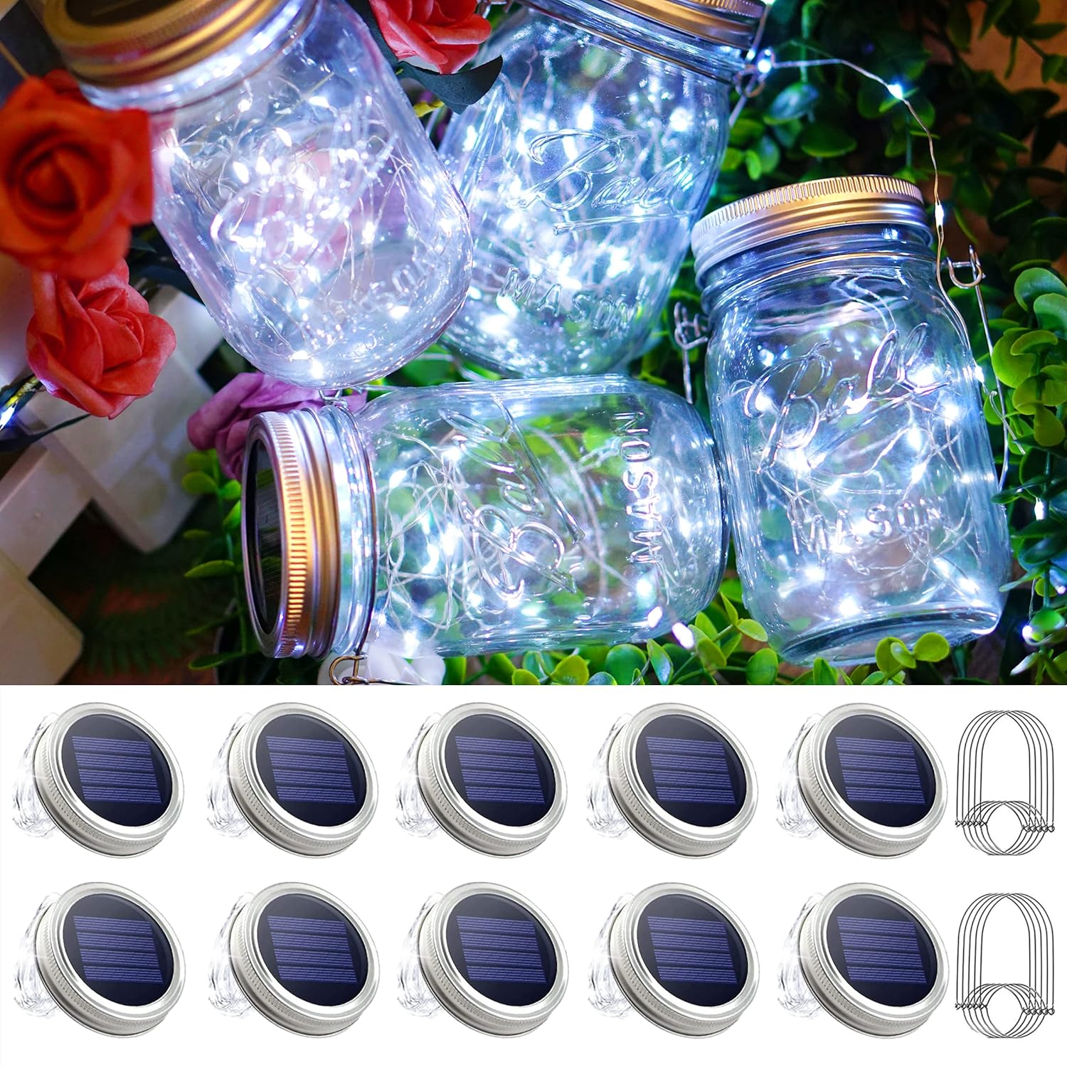 30 LED solar mason jar lights (10 packs). Updated fairy firefly string lights with hangers, waterproof, and ideal for patio, yard, garden, and party decoration. (Jars not included)