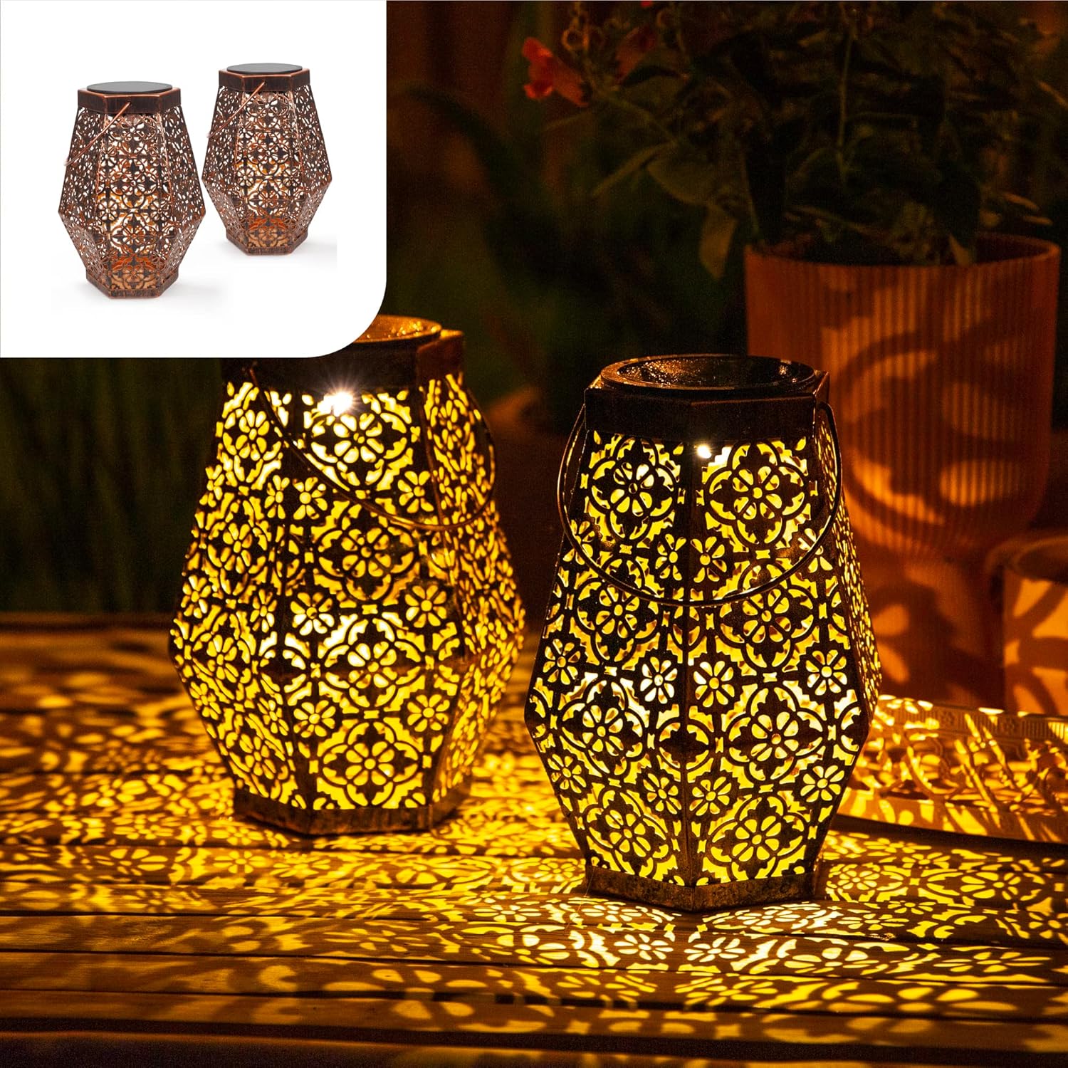 Oriental Lantern Hexagon - Solar Lamps Outdoor Garden Set of 2 - Waterproof Solar Lights Garden Outdoor - Sustainable Garden Lights Solar Outdoor Copper Metal