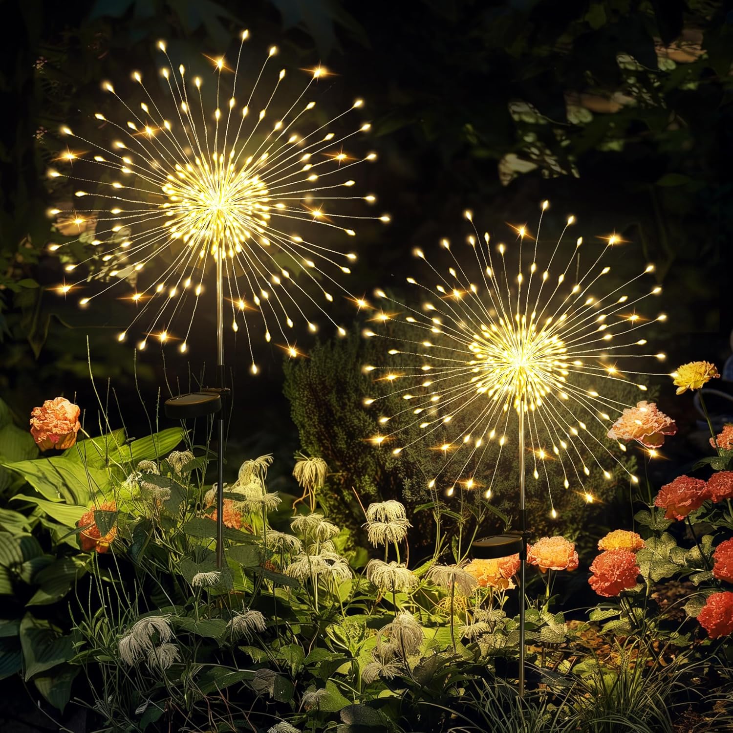 Solar lights outdoor garden - 2 pack firework lights, 120 LED, starburst design for yard, landscape, lawn, backyard, patio, and party decor