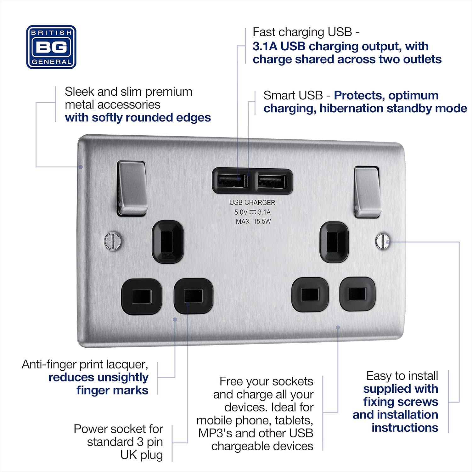 BG Electrical Double Switched Power Socket with 2 USB Ports