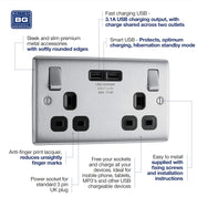 BG Electrical Double Switched Power Socket with 2 USB Ports