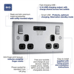 BG Electrical Double Switched Power Socket with 2 USB Ports