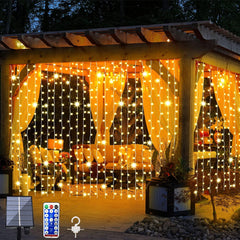 3m x 3m 300 LED Solar Curtain Lights Outdoor with Remote Control 8 Modes Waterproof Fairy Lights for Patio Gazebo Party Christmas Autumn Decoration