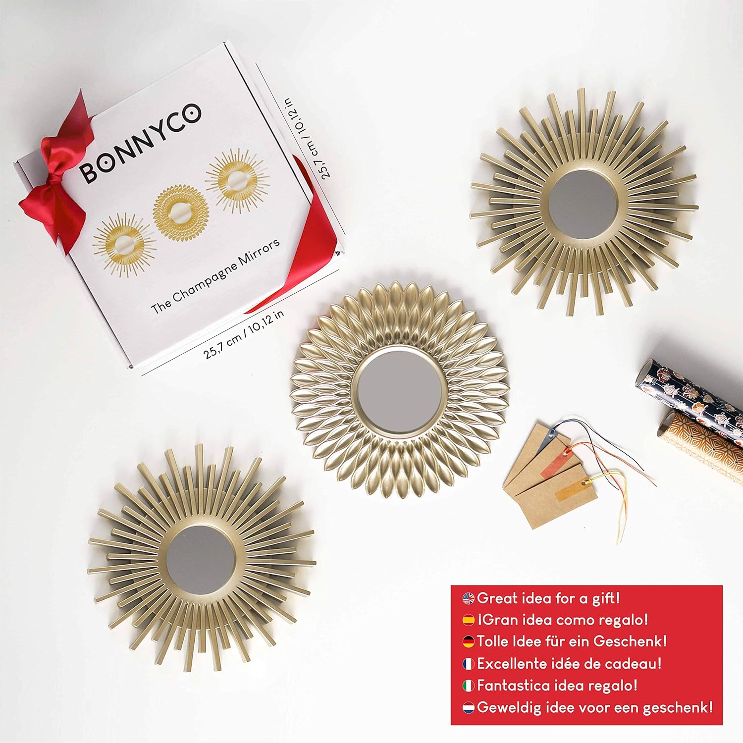 BONNYCO Set of 3 Round Gold Wall Mirrors – Home Décor for Living Room & Bedroom