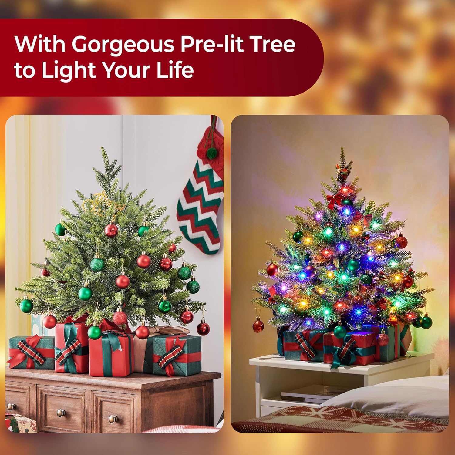 Mini green Christmas tree with red cloth base cover