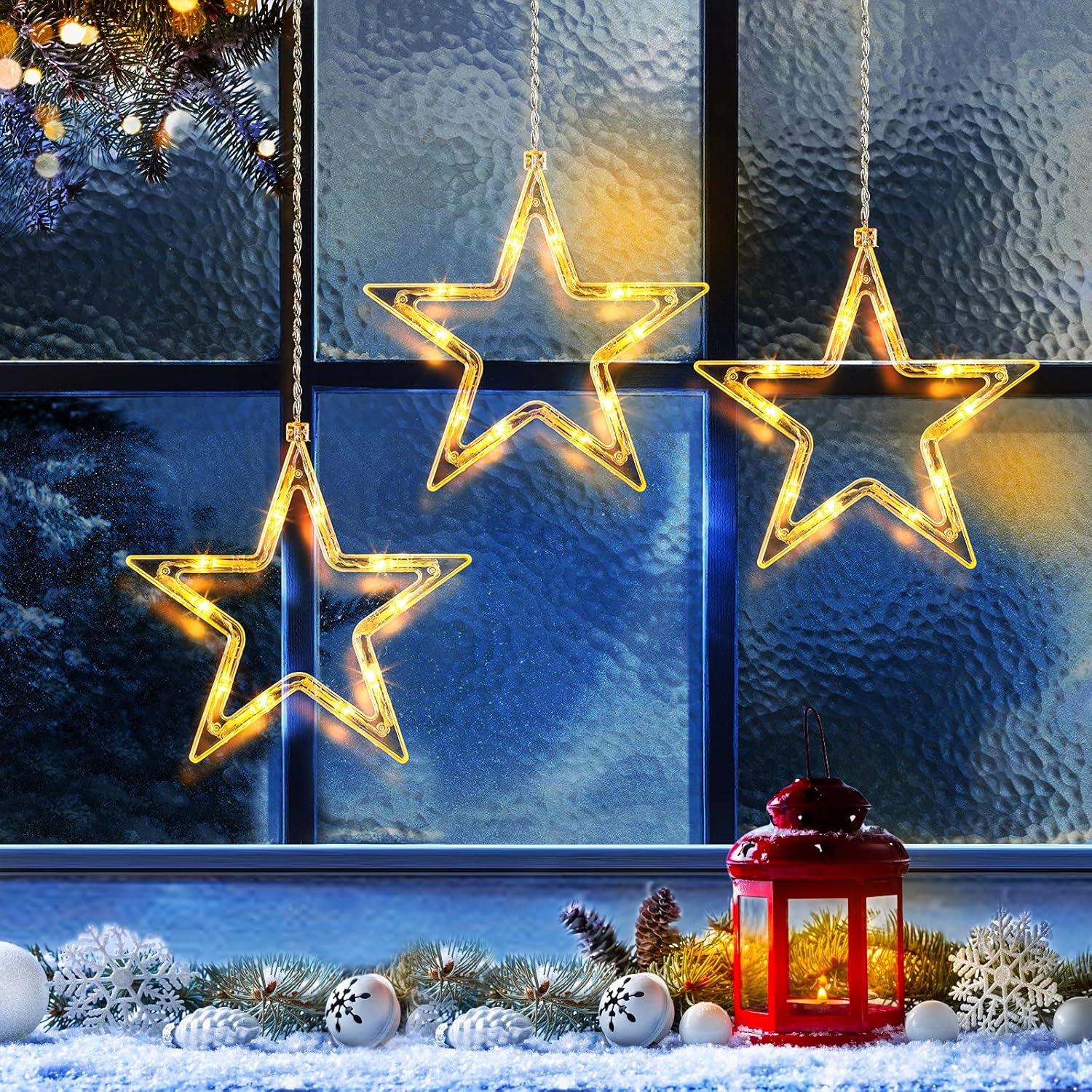 3-Pack Christmas Window Lights – 30 LEDs Battery-Powered Star Lights with 8 Modes and Timer, Warm White Curtain Lights with 4 Hooks for Indoor/Outdoor Xmas Party Decorations