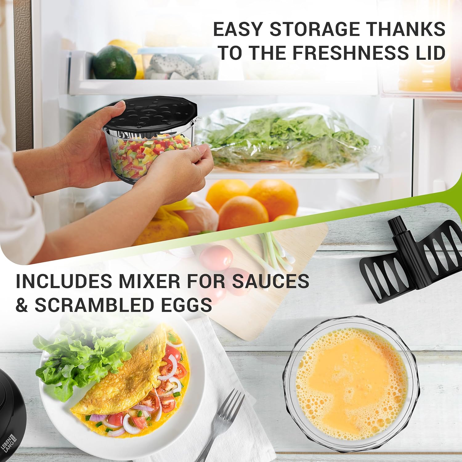 LEBENLANG Manual Food Chopper 1L with Lid & Whisk, BPA-Free Veg & Onion Dicer